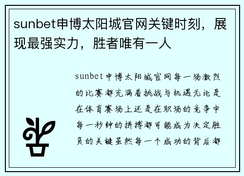 sunbet申博太阳城官网关键时刻，展现最强实力，胜者唯有一人