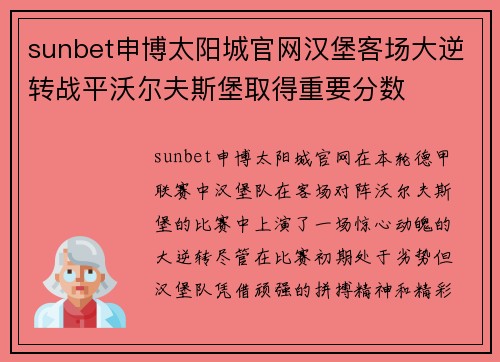 sunbet申博太阳城官网汉堡客场大逆转战平沃尔夫斯堡取得重要分数