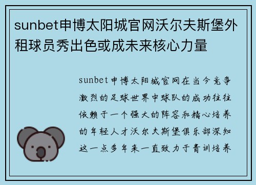 sunbet申博太阳城官网沃尔夫斯堡外租球员秀出色或成未来核心力量
